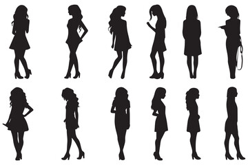 Set of silhouette. Black people on white background. Profile walking girls. Vector illustration