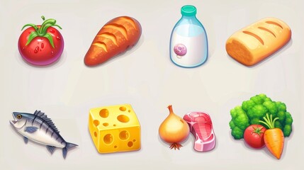 Food icons of ham, cheese, tomato, potato, milk bottle, bread, fish and meat steak. 3D grocery objects, fresh supermarket goods, vegetables and farm products design elements. Cartoon modern set of