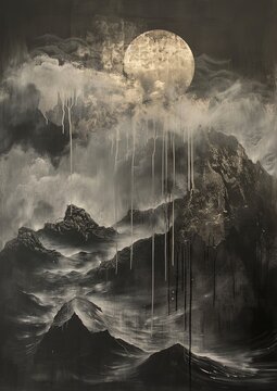 Craggy Mountain Winds: Oriental Abstract with Steel Grey Sun and Moon on Charcoal Background
