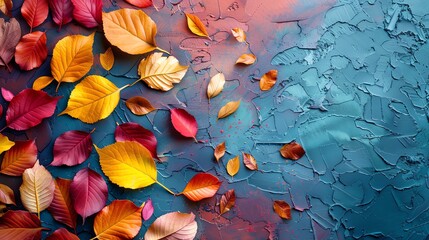 Vibrant autumn leaves in shades of red, orange, and yellow scattered across a textured blue background, embodying the essence of fall.