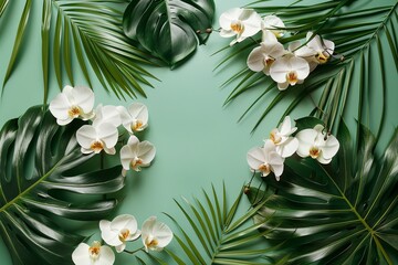 Orchids and tropical leaves on pastel green background.