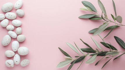 An image of an olive branch and white stones on a light pink background