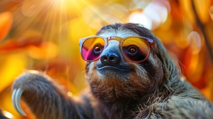 Fototapeta premium An ultra-realistic photograph capturing a stylish sloth donning colorful glasses