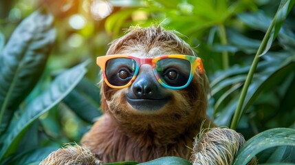 Fototapeta premium An ultra-realistic photograph showcasing a charming sloth wearing colorful glasses