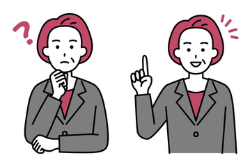 考える/ひらめく　年配のスーツの女性　セット