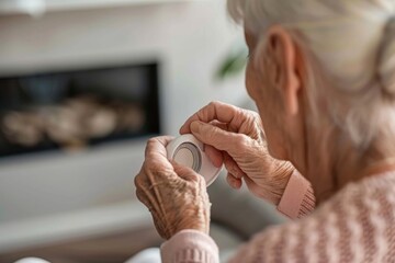 An elderly woman carefully adjusts a modern thermostat in a warm, softly lit living room. This image depicts everyday life and independence in old age. - obrazy, fototapety, plakaty