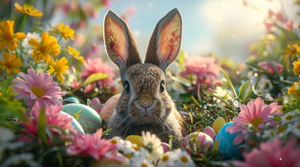 Fototapeta premium Develop an Easter banner with an imaginative rabbit head popping out of a hole