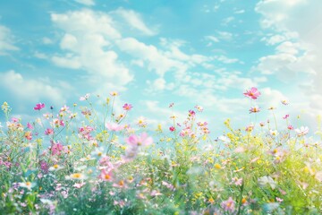 Wild Flower Meadow: Tranquil Spring Blossoms in Pastel Panorama