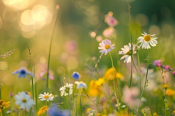 Wild Nature Flowers Meadow Wallpaper: Tranquil Beauty with Bokeh Effect - obrazy, fototapety, plakaty
