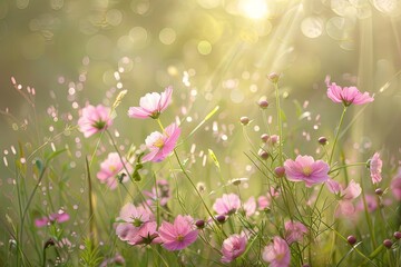 Wildflower Dream: Pink Blossoms in Soft Light - A Peaceful Meadow in Pastel Beauty