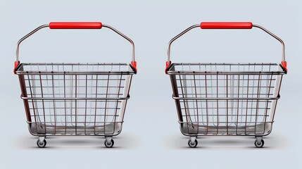Metal wire basket in top and side views with red handles for grocery shopping. Modern realistic mockup of empty grocery cart.
