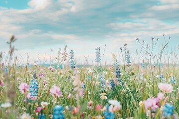 Wild Flower Meadow: Serene Skies and Pastel Horizons
