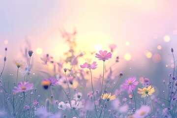 Twilight Serenity: Defocused Wildflowers in Soft Light Pastel Skies