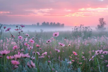 Twilight Solitude: Pink Wildflowers in Rural Sunset Scene