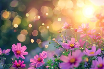 Wild Nature Flower Background: Tranquil Sunset with Pink Blossoms and Soft Bokeh