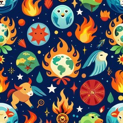 Seamless pattern of zodiac elements like fire, earth, air, and water, Generative AI