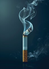 Cigarette with smoke forming the shape of skull on dark blue background