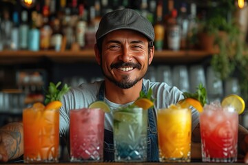 very happy bartender presenting his collection of cocktails