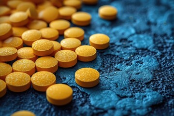set of yellow pills on blue background