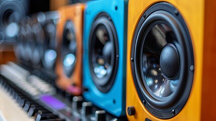 Vivid display of orange and blue music speakers artfully arranged in a colorful stack
