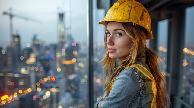 Collage silhouette of a woman in profile wearing a yellow helmet, in a silhouette image of buildings under construction. Double exposure of a female construction worker in a helmet and a cityscape.