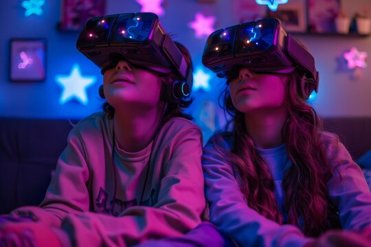 Brother and sister sitting side by side, wearing VR headsets surrounded by star shaped lights