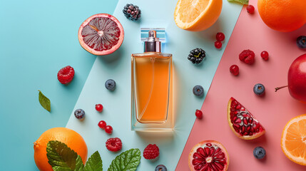 Bottle of perfume fruit and berries on color background