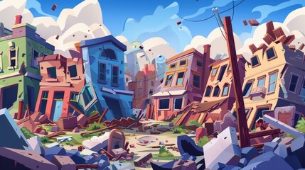 An illustration of a devastated city after a natural disaster, war, or apocalypse. Dirty broken and ruined houses and stores, or a town ruins after an earthquake after an explosion.