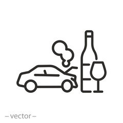 accident due to drunk driving icon, consequences of drunk driving, crash car with wine bottle, thin line web symbol on white background - editable stroke vector illustration eps10
