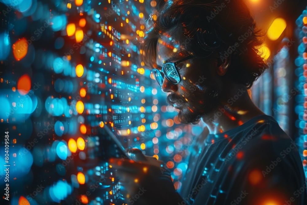 Poster captured in a moment of reflection, this individual interacts with a vibrant array of technological 
