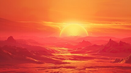 beautiful landscape of another planet with a red sun.