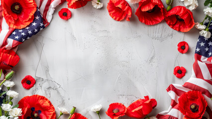 Remembrance poppies and an American flag background. Memorial Day, Veterans Day, Armistice Day, Independence Day concept. American patriotic theme.