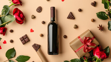 Bottle of wine chocolate candies rose flowers and gift