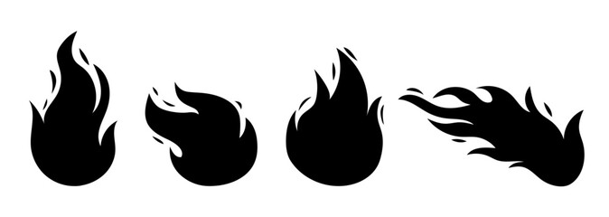 Vector bright burn flame black shape icon set isolated on white background. Hot fire flat silhouette clipart sings collection. Burning fireball signs