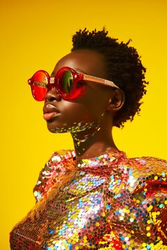 Young Fashion Editorial Model Dressed In Disco Ball Dress On A Neon Yellow Background, Red Sun Glasses