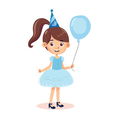 a girl with a blue balloon and a balloon that says 