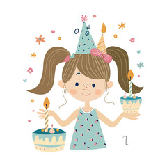a girl with a birthday hat and a birthday cake with a candle on it
