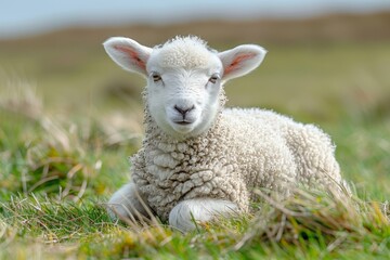 Obraz premium A peaceful young lamb lies on vibrant green grass, its innocence and tranquility set against the tranquility of nature