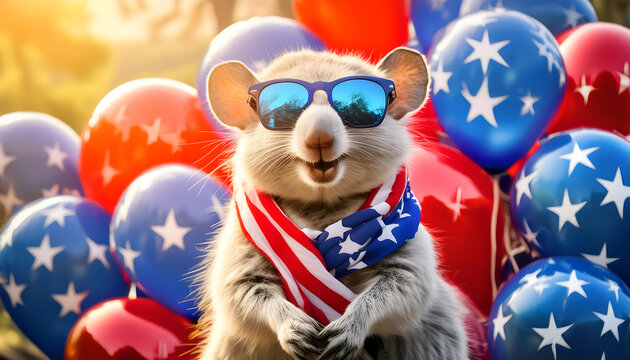 quokka, usa, flagge, balloons, neu, thumb, up, lachend, 4th of July, feier, party, close up, modern, blau, rot, weiß, copy space, feiern, amerika, nationalfeiertag, wahl, sonnebrille, cartoon, fahne, 