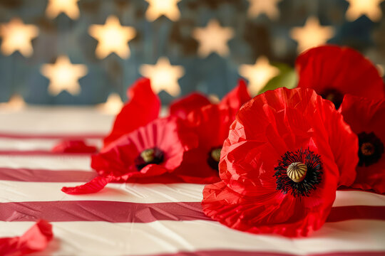 Remembrance poppies and an American flag background. Memorial Day, Veterans Day, Armistice Day, Independence Day concept. American patriotic theme.