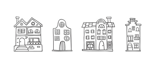 Vector collection of Amsterdam houses on isolated background.