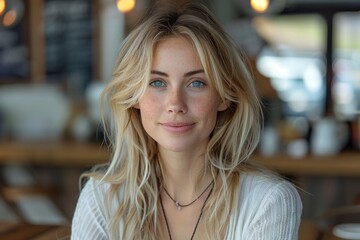 Intimate close-up of a smiling blonde woman with striking blue eyes and a casual white sweater, exuding warmth