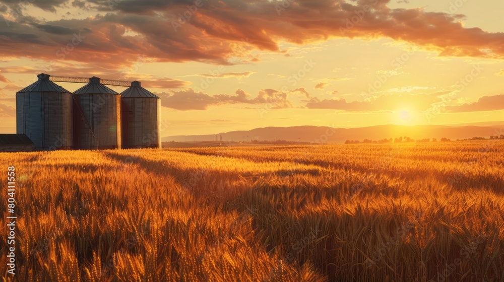 Poster a field of golden wheat with a sunset in the background