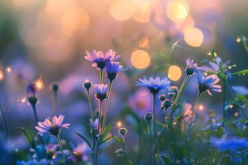Wildflowers Dusk: Serene Meadow Panorama with Soft Bokeh Lights