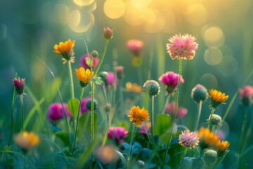 Dusk Daisies: Panoramic Meadow Serenity with Soft Bokeh Lights