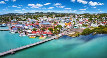 Panoramic aerial view of St. Johns, capital city of Antigua and Barbuda island, Caribbean Sea, with...