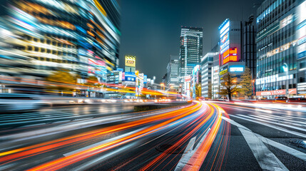 Obraz premium A city street at night with a blur of lights from cars