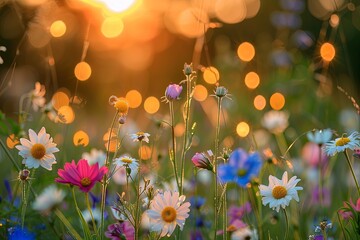 Wild Flowers at Sunset: Tranquil Meadow with Bokeh Lights