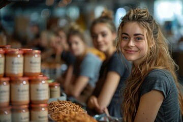 Obraz premium Attractive young woman with friends working together at an organic market stall