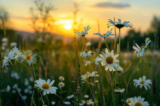 Wild Flowers at Twilight: Sunset Glow Over Chamomile and Daisy Panorama